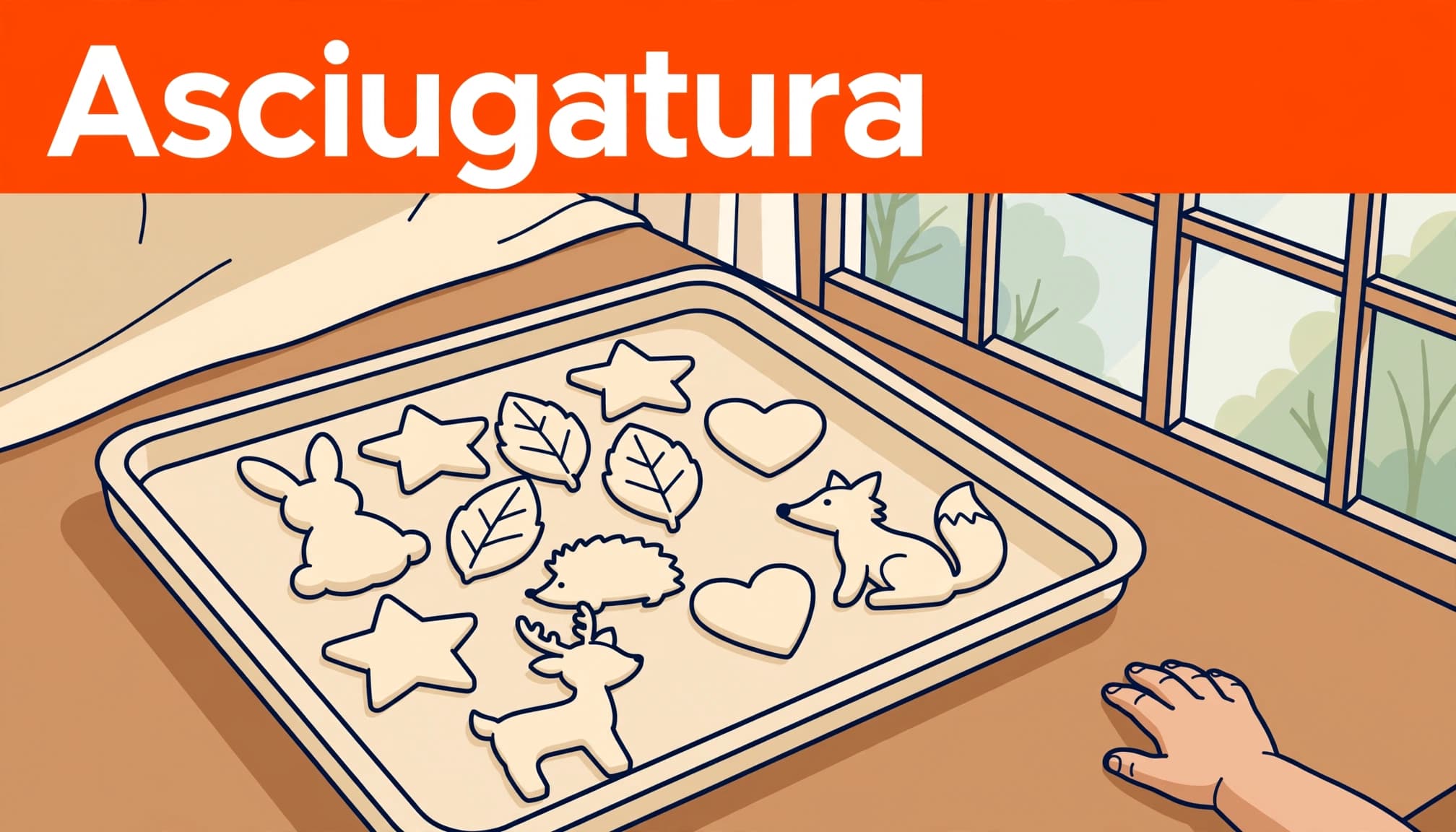 Pasta di sale fatta in casa: ricetta atossica per bambini 2 Decorazioni in pasta di sale su un vassoio, con una manina accanto.