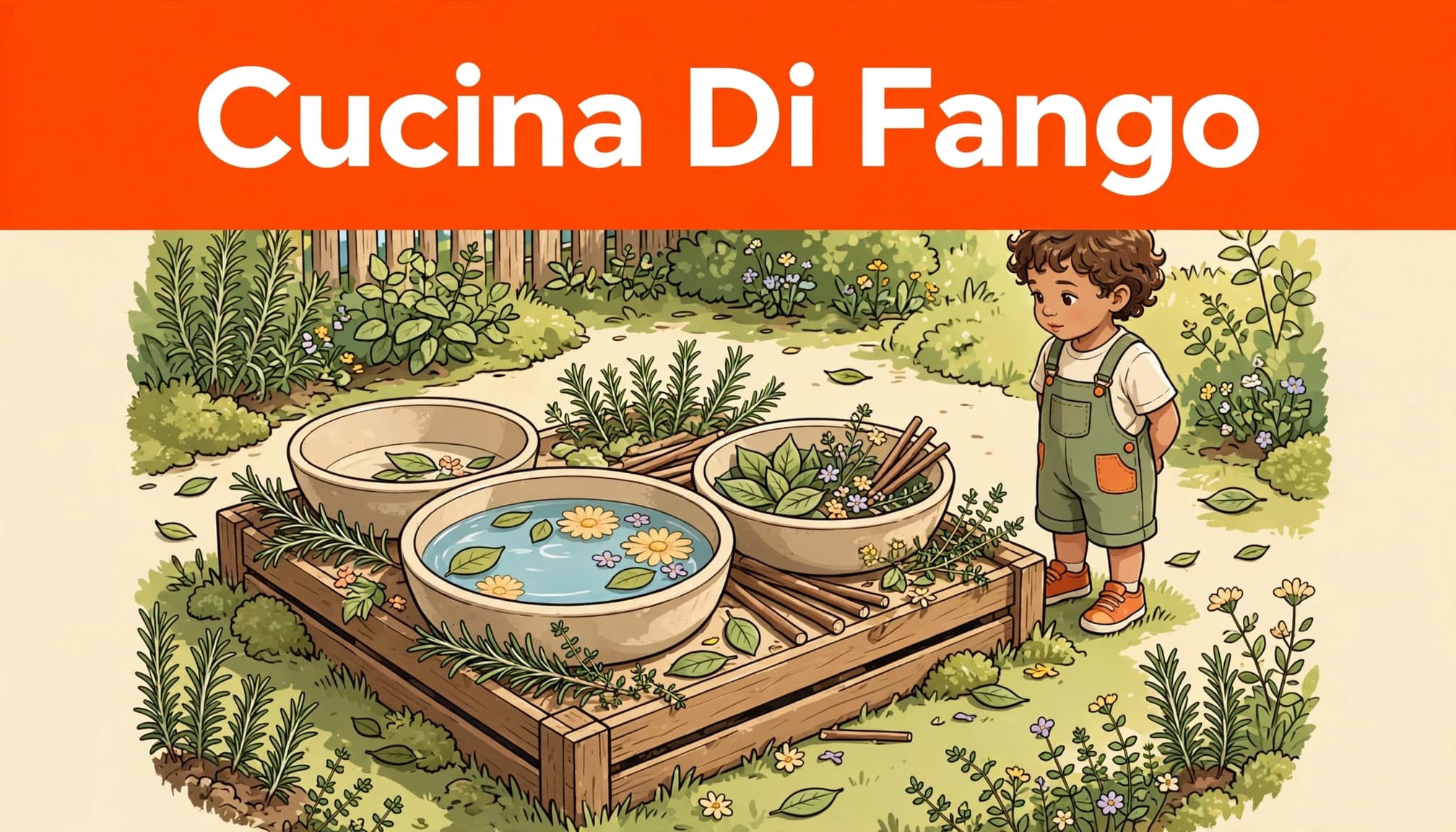 Giochi sensoriali nella natura per bambini 2-5 anni 2 Un bambino osserva una cucina di fango con ciotole e acqua in giardino.
