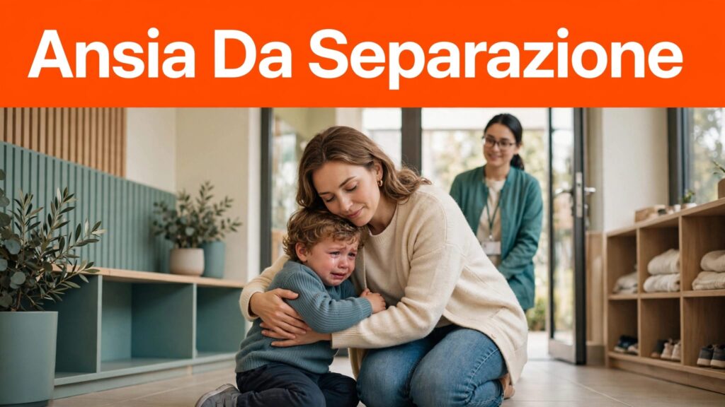 Una madre abbraccia il figlio in lacrime all’ingresso dell’asilo nido.
