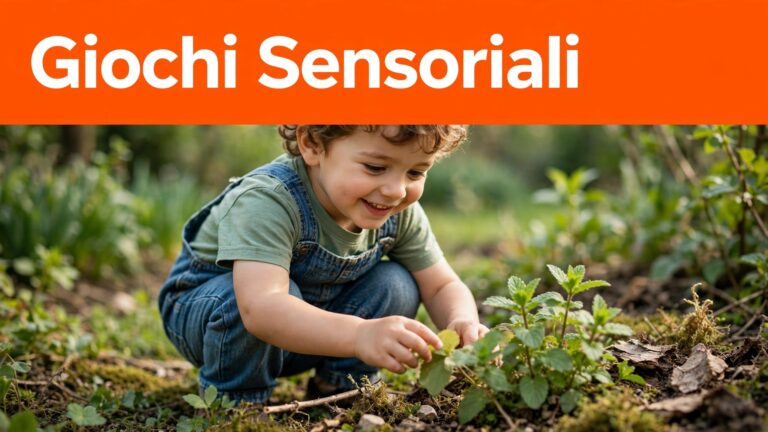 Bambino che esplora foglie, menta e materiali naturali in un giardino primaverile.