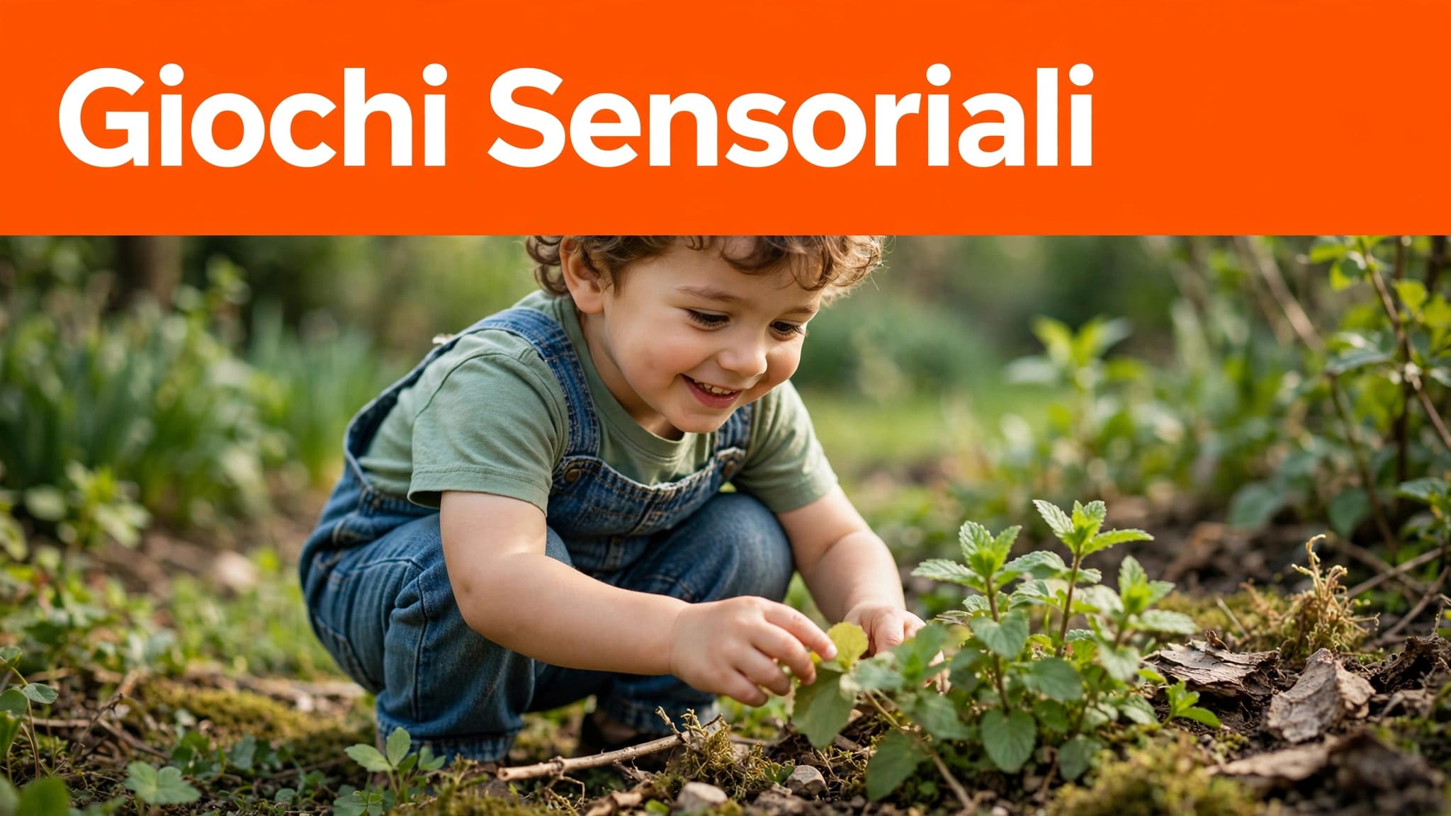Bambino che esplora foglie, menta e materiali naturali in un giardino primaverile.