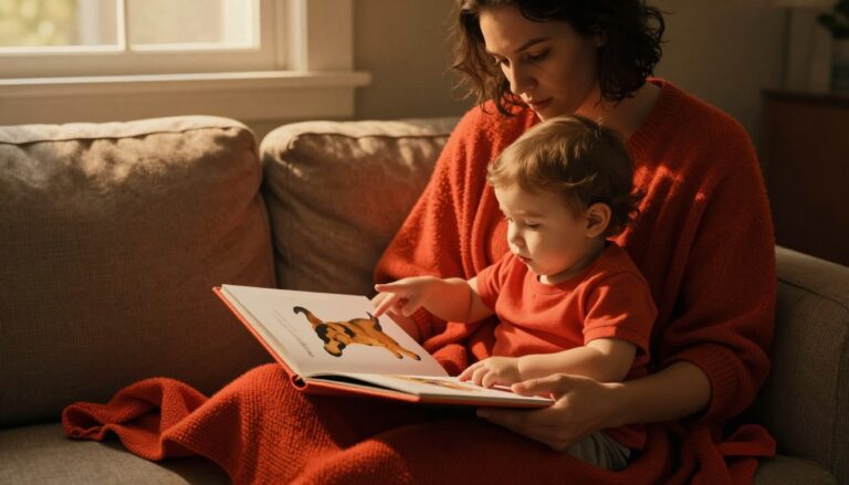 Bambino e genitore leggono insieme un libro illustrato sul divano.
