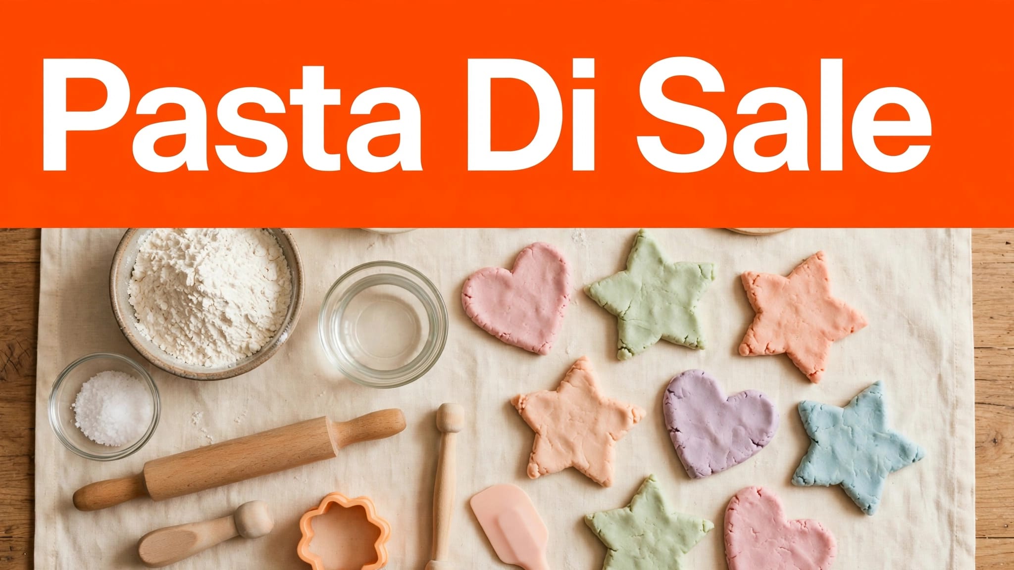 Stelle e cuori di pasta di sale colorata con ingredienti e strumenti per bambini.