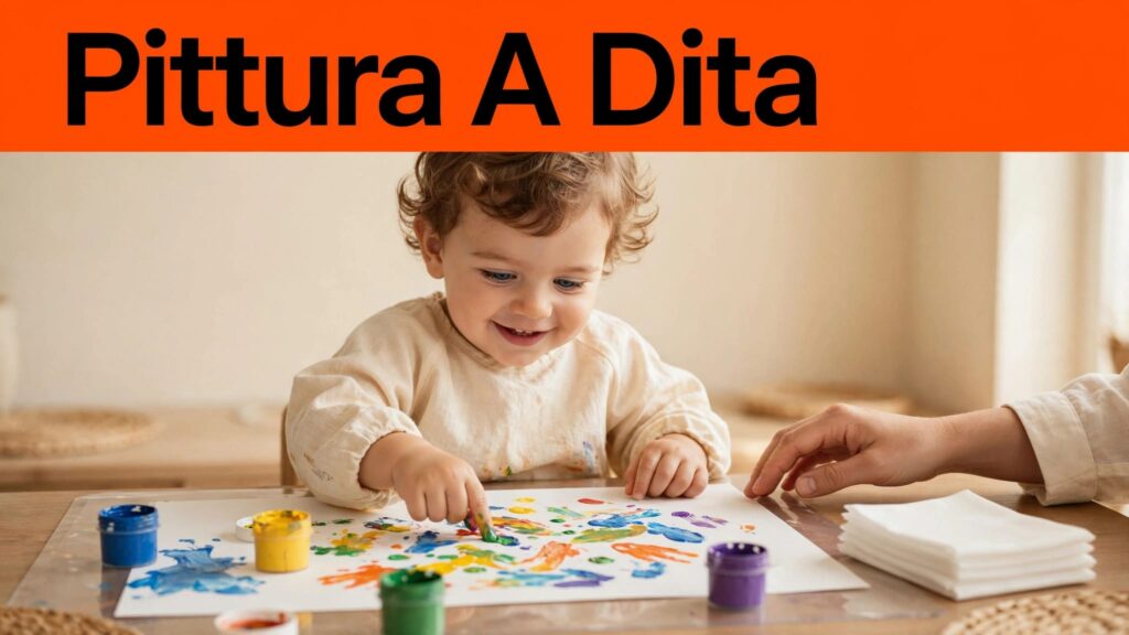 Bambino di due anni dipinge con colori lavabili sotto la supervisione di un adulto.