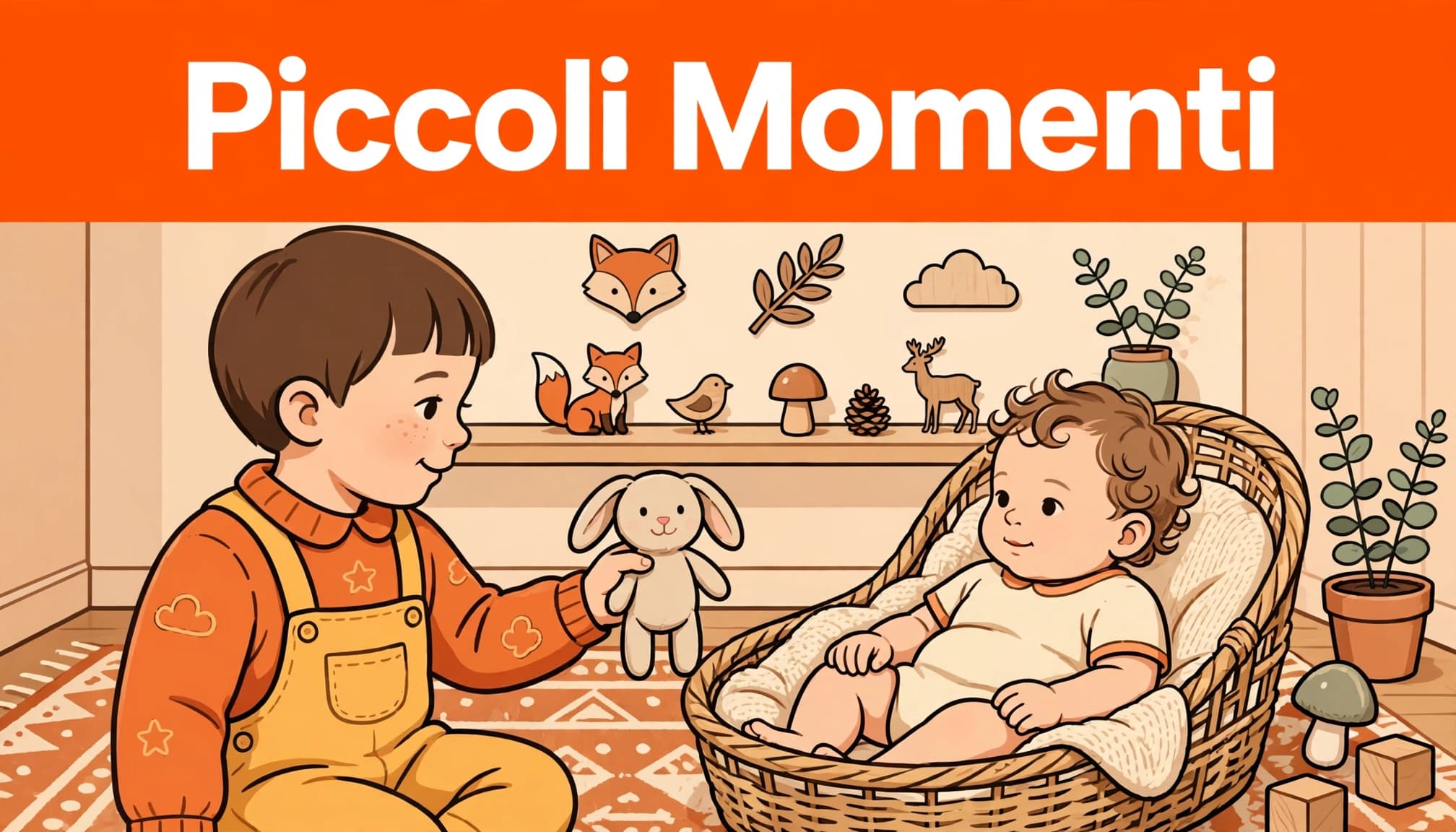 Un bambino offre un animaletto di stoffa al neonato seduto nella culla.