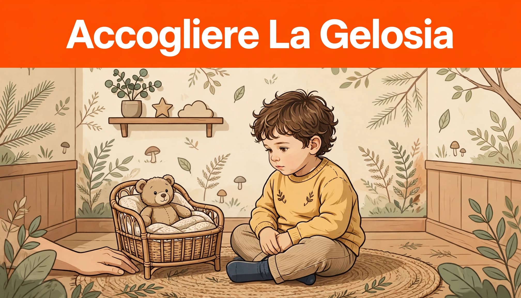 Bambino pensieroso accanto a una culla, con un peluche e una mano adulta rassicurante.