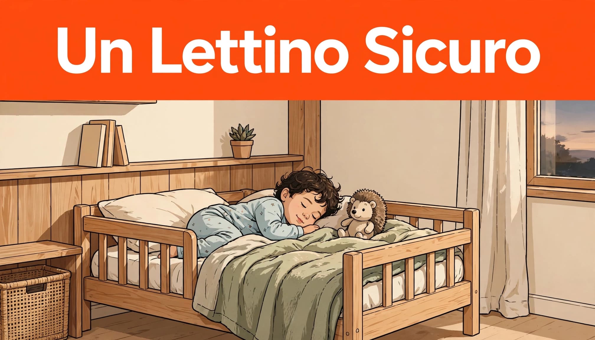 Transizione dal lettone al lettino senza drammi 1 Bambino nel lettino basso con coperta e peluche, sotto una fascia arancione.