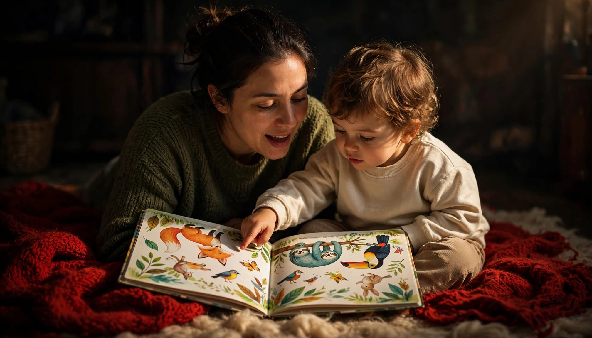 Genitore e bambino leggono insieme su un tappeto, osservando un libro illustrato.