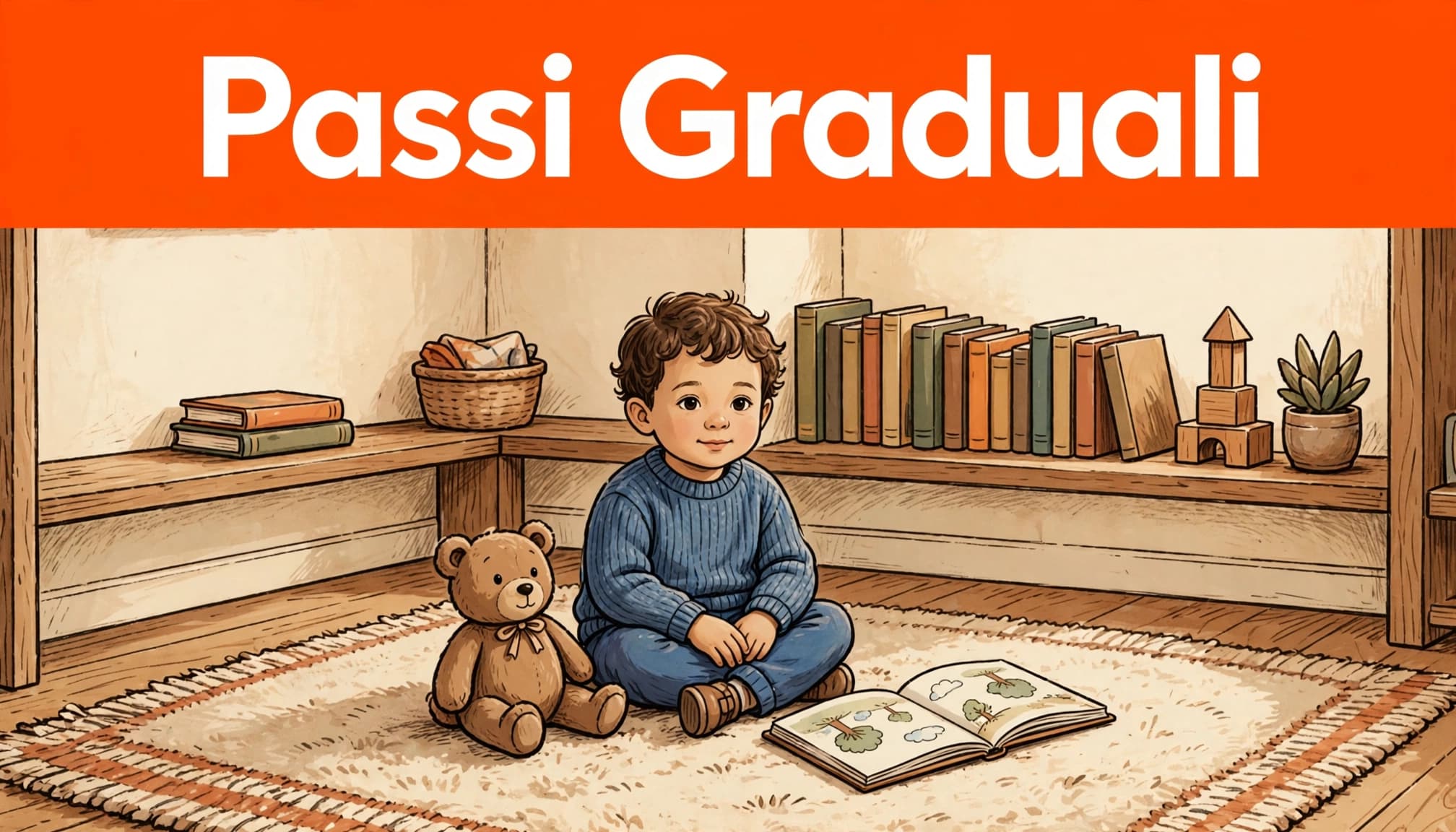 Ansia separazione asilo nido: affrontarla con dolcezza 1 Bambino seduto sul tappeto con libro aperto e orsacchiotto, sotto una fascia arancione.