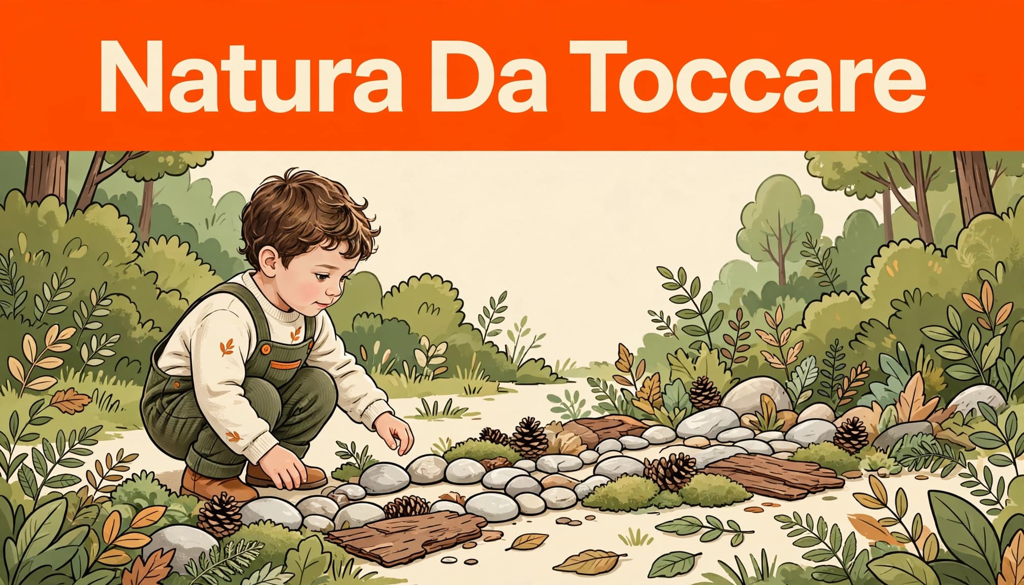 Giochi sensoriali nella natura per bambini 2-5 anni 1 Un bambino esplora un percorso sensoriale di pietre, pigne, muschio e foglie nel bosco.