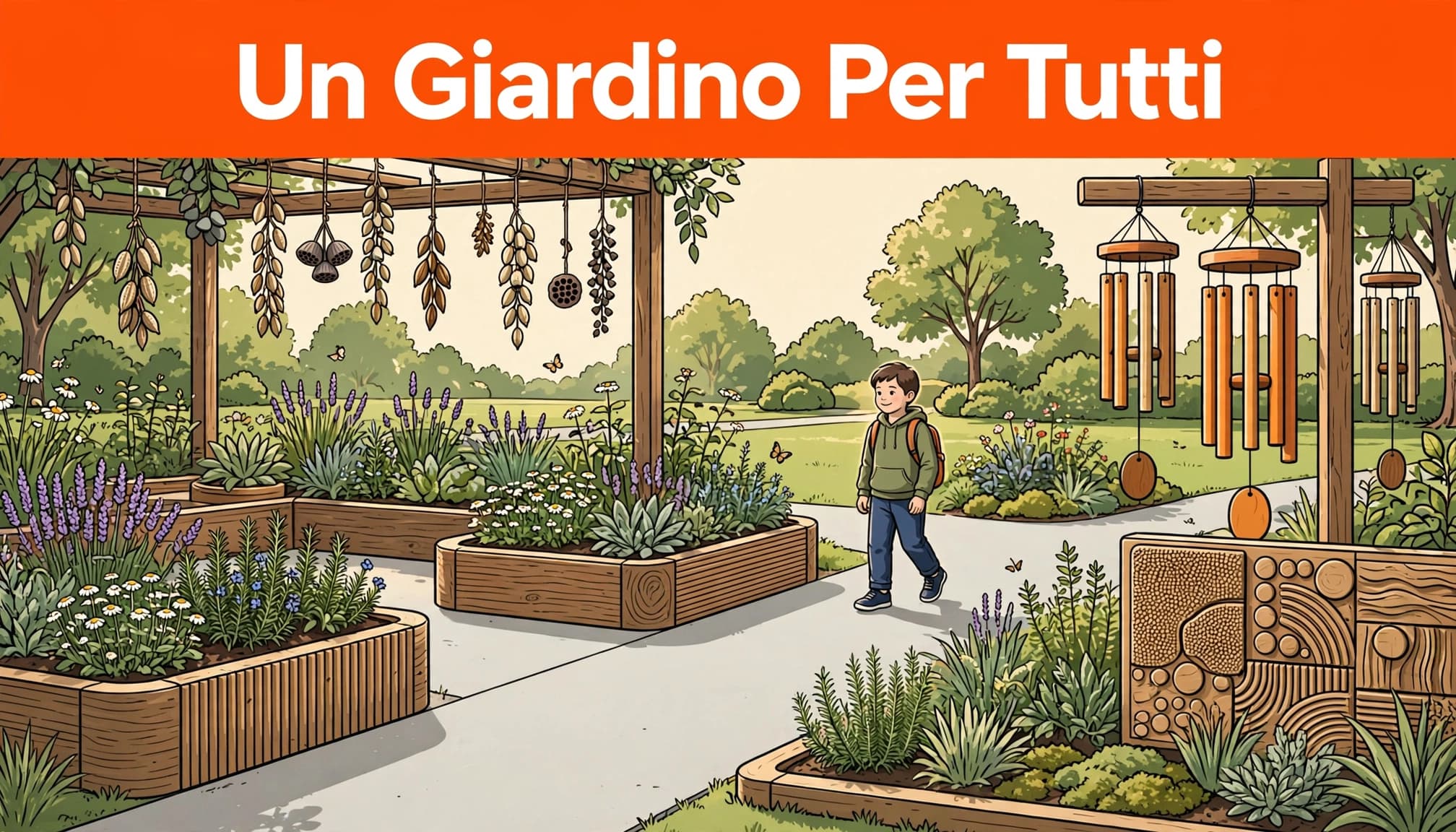 Giochi sensoriali nella natura per bambini 2-5 anni 3 Un bambino percorre un sentiero accessibile tra piante aromatiche e grandi campanelli eolici.