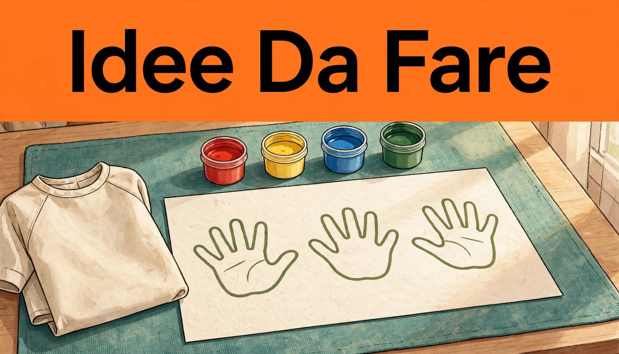 Pittura a dita bambini di 2 anni: guida sicura e lavabile 2 Quattro vasetti di colore, impronte su carta, un grembiule e una tovaglietta in un angolo luminoso.
