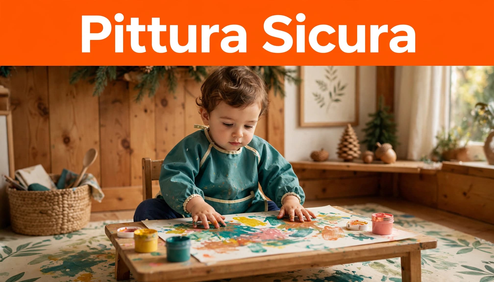 Pittura a dita bambini di 2 anni: guida sicura e lavabile 1 Bambino con grembiule che dipinge con le dita a un tavolino basso.