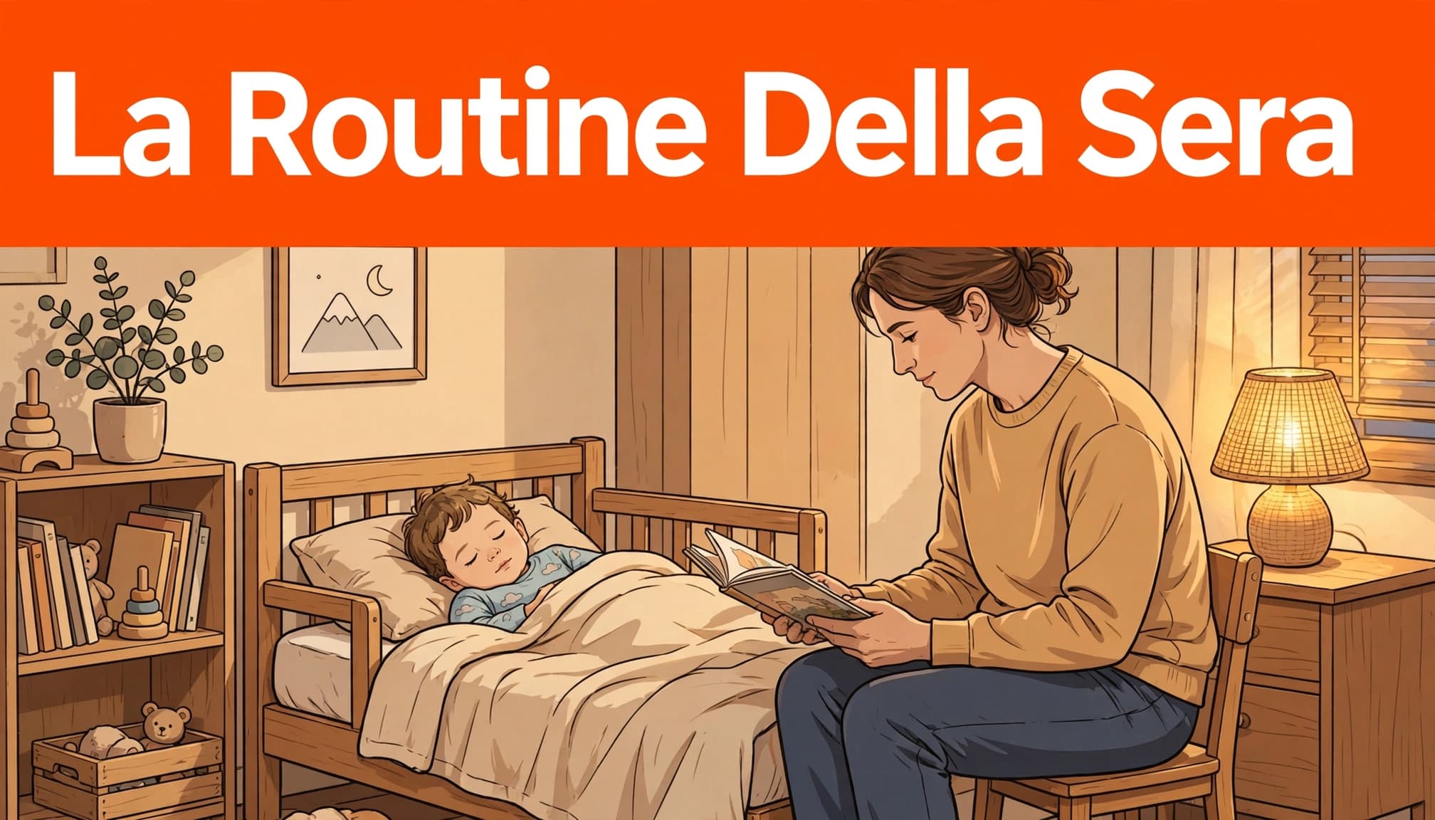 Transizione dal lettone al lettino senza drammi 2 Un genitore legge al bambino a letto in una cameretta illuminata da una lampada calda.