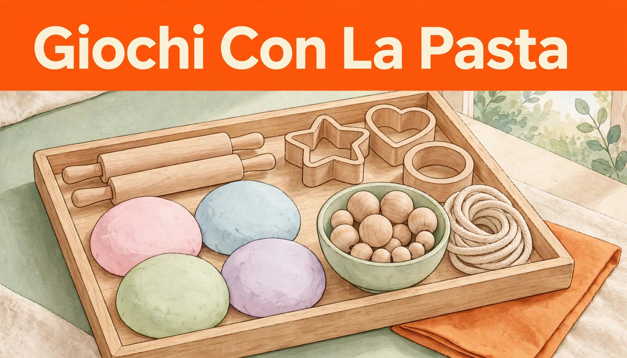 Giochi plastilina motricità fine: idee dolci per bambini da 2 a 5 anni 2 Vassoio con pasta modellabile pastello, rulli, formine, perline e cordoncino su un tavolo luminoso.